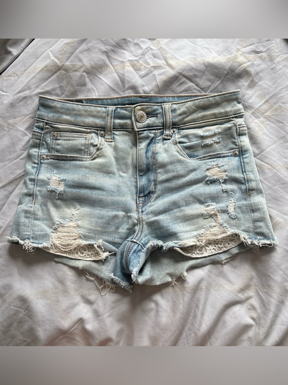 American Eagle Outfitters Light Blue Distressed Lace-Trim Denim Shorts